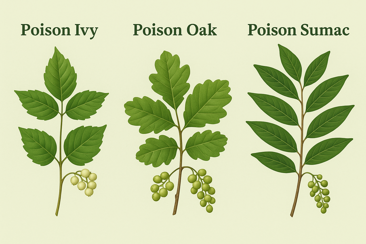 three plants showing poison ivy, poison oak, poison sumac